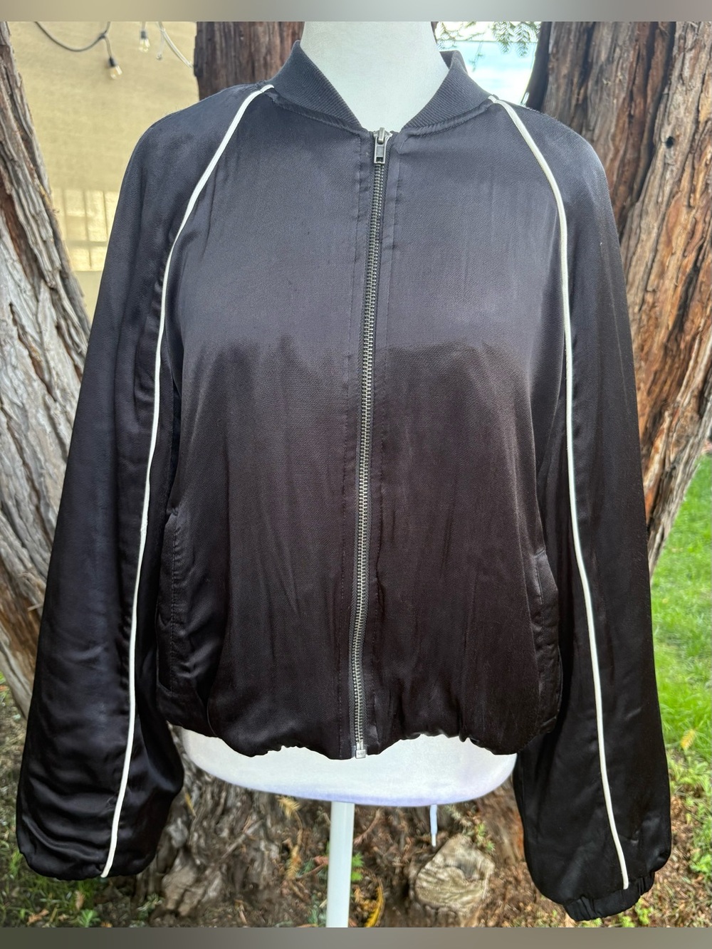 Satin Bomber Jacket Black White Piping Size M All In Motion